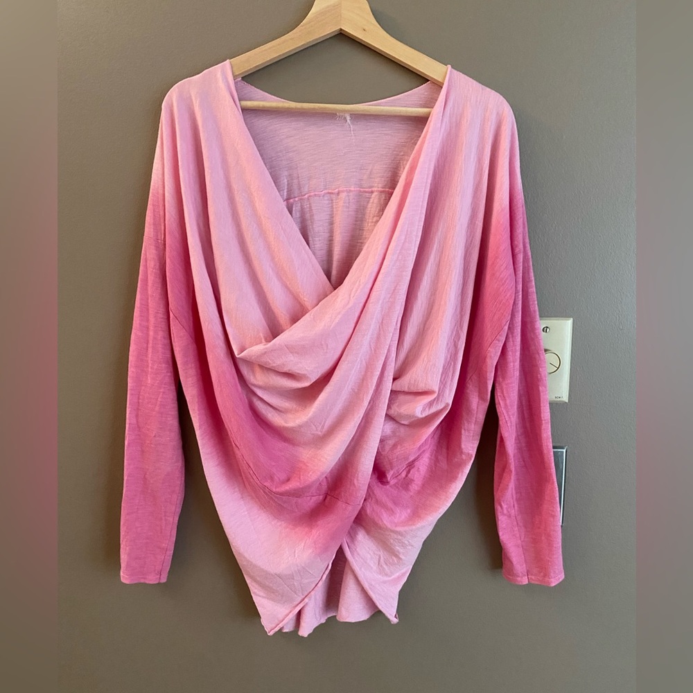 Pink Ombré Draped Cotton Long-sleeved Top